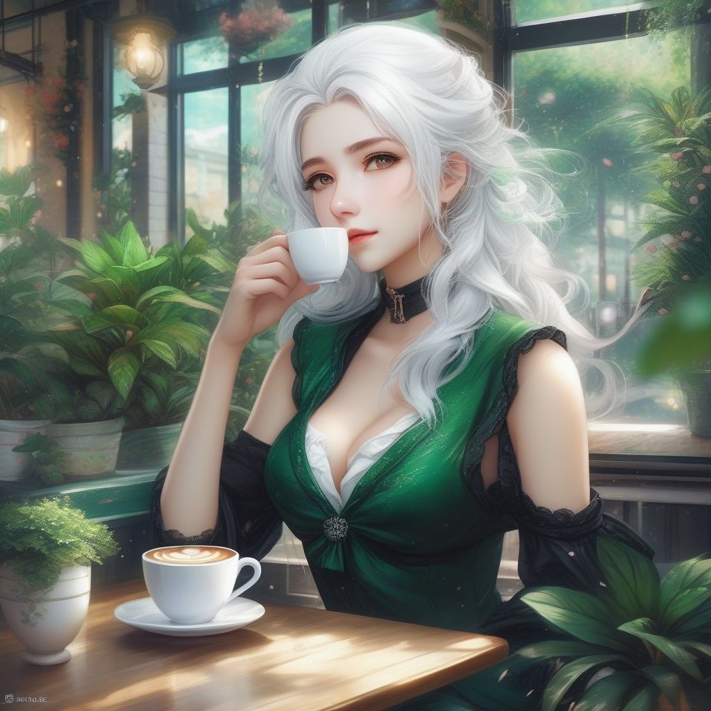 QMSJ,<lora:SDXL_QMSJ.safetensors>,masterpiece,best quality,white-haired girl,coffee shop,black attire,emerald green eyes,contemplative,green plants,