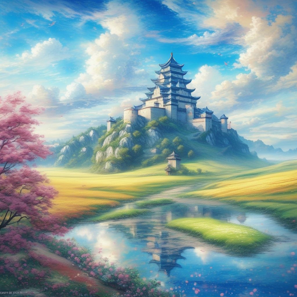 <lora:SDXL_QMSJ.safetensors>,QMSJ,big donjon,big Castle,grassland,flower,pasture,Large perspective,(Wide Angle:1.3,masterpiece,best quality.Amazing,atmosphere,epic,keaifeng,Sunny, blue sky, white clouds,garden,Vivid, high saturation,