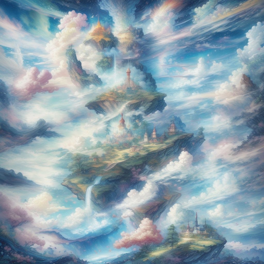 (masterpiece, top quality, best quality, official art, beautiful and aesthetic:1.2),extreme detailed,colorful,highest detailed,(heaven:1.4),(no humans:1.1),(puzzling world:1.1),(cloud:1.5),mist,QMSJ,<lora:SDXL_QMSJ.safetensors:1>,