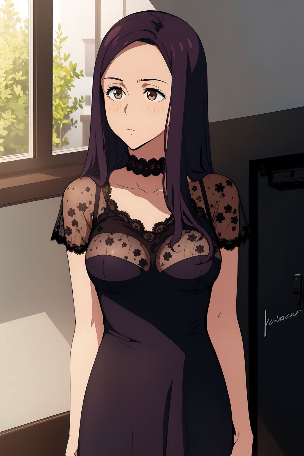 1girl, long hair, brown eyes, (medium breast:1), full black small dress with lace, <lora:EMS-18163-EMS:0.8>