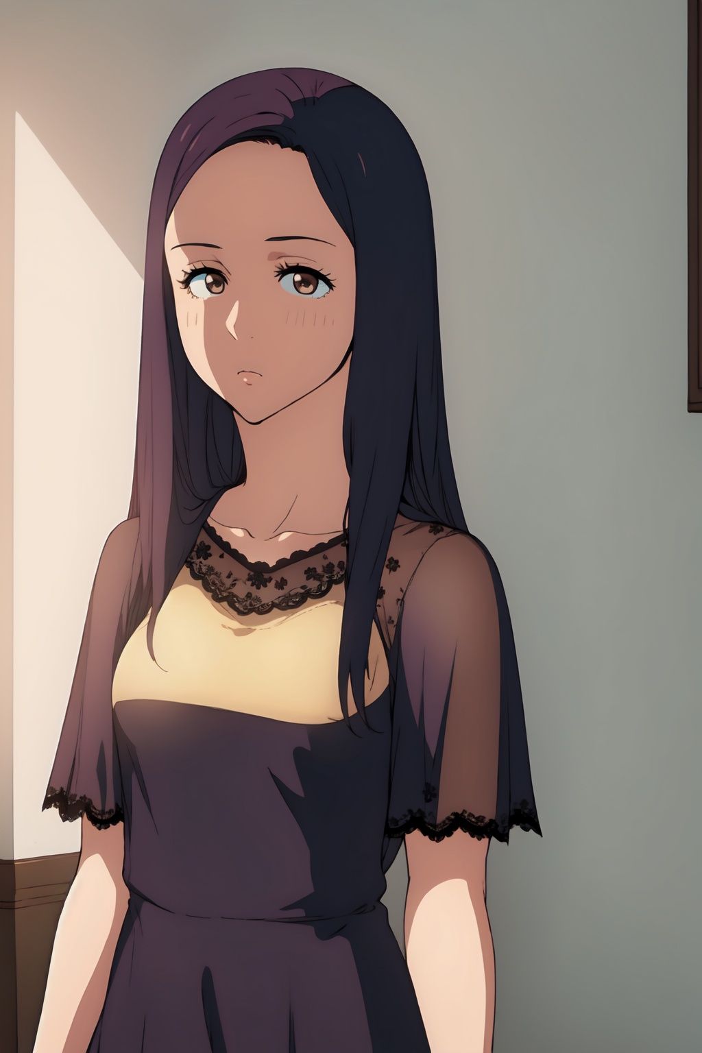 1girl, long hair, brown eyes, (medium breast:1), black dress with lace, <lora:EMS-18163-EMS:1>