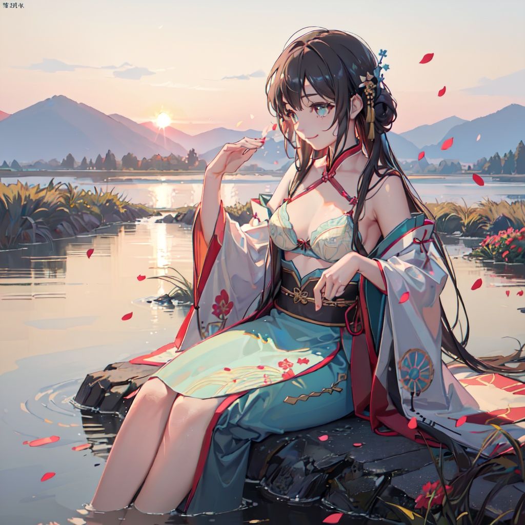 (8k, best quality, masterpiece:1.2), (realistic, photo-realistic:1.5),1girl, cute, sitting, dating, (smile:1.15), (closed mouth) medium breasts, beautiful detailed eyes,  <lora:hanfu_v20:0.5>,(Hanfu, tang, Tang Dynasty, Tang clothing: 1.4),full body,  <lora:3loraGuofeng3Lora_v32LoraBigLight:0.5>,  <lora:goutouLora_v20:0.5>, ((topless)), ((bra)), beautiful and delicate water, the finest grass, very delicate light, nature, painting, water spray, breeze, flowers and grass meadow, near the water edge, (sunset, starry sky in a circle), randomly distributed clouds, river, splashing water, falling petals