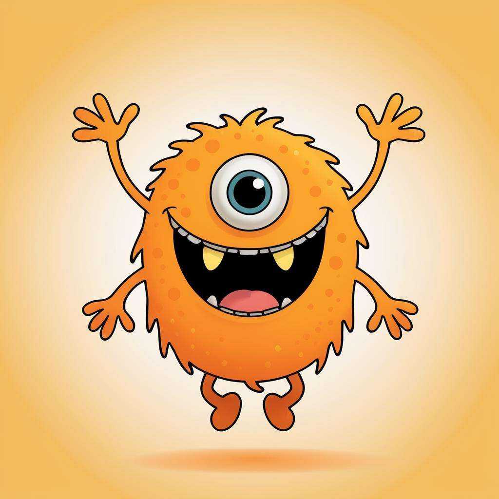 cute monster jumping,  orange skin, yellow spots,4 arms, 2 eye stocks,2 fangs, drawing, illustration, <lora:CuteMonsters:.7>
