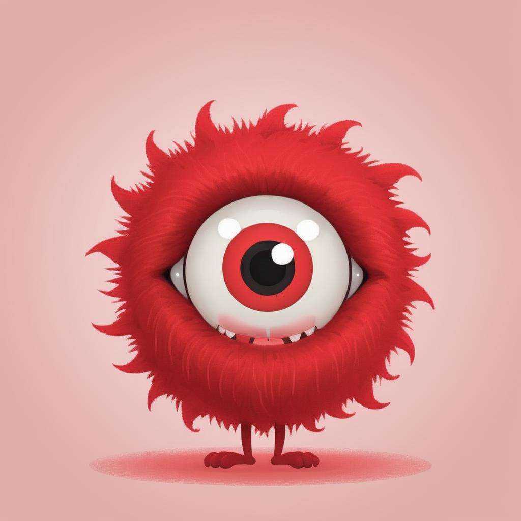 cute monster spinning,  red skin, black fur tufts,2 arms, (1 eye stock:1.3),6 teeth, sticking tongue out, drawing, illustration, <lora:CuteMonsters:.7>