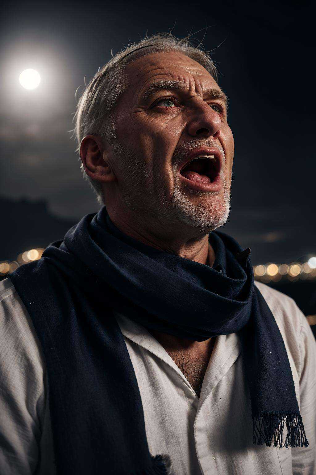 upper body portrait photo of a man an old ,  wearing scarf,  eyes looking upwards on Tensor.Art