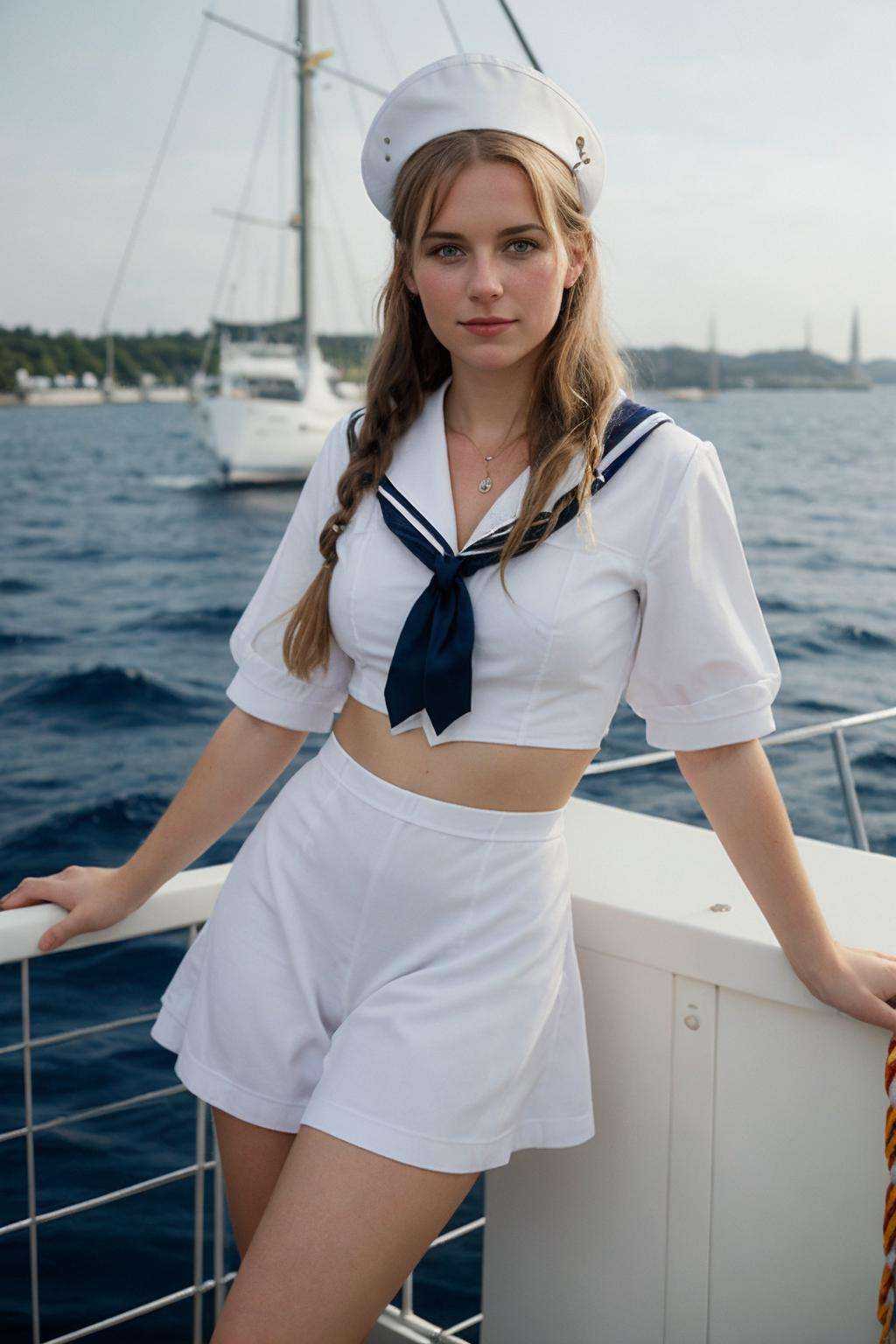 photo full-body portrait of a cute german woman \Stefanie Hinze\ as a sailor on Tensor.Art
