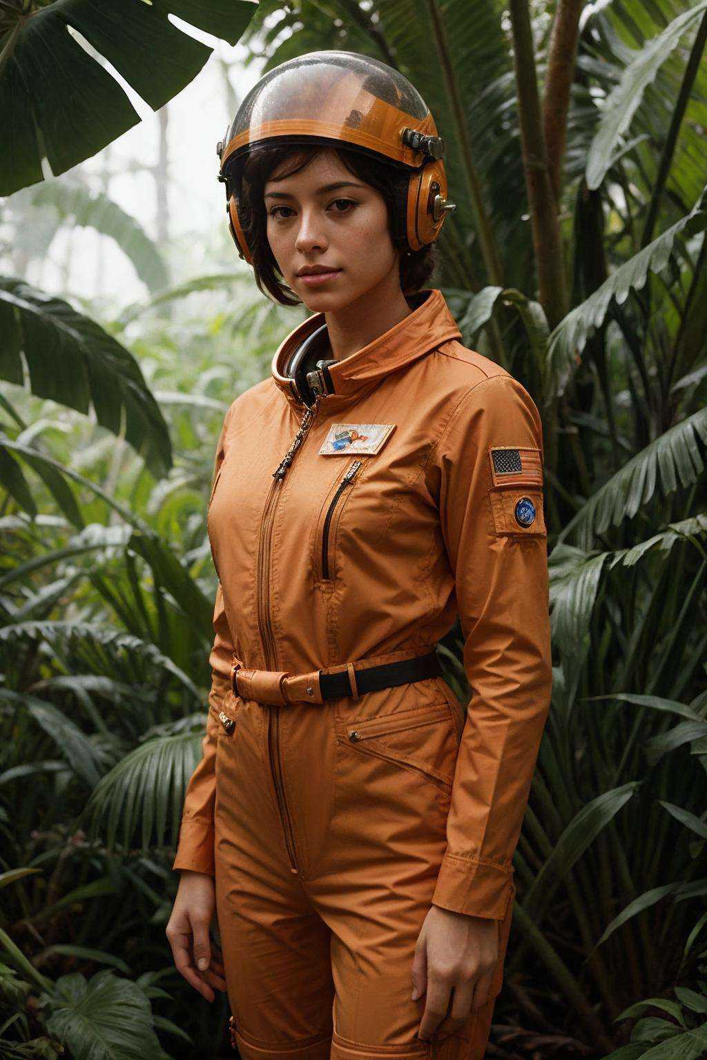 waist-up "female Astronaut in a Jungle" by Syd Mead,  broken helmet tangerine cold color palette,  muted colors on Tensor.Art