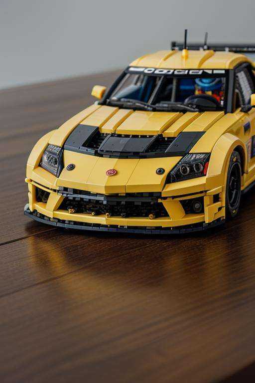 Photo,  DSLR BREAKA race car make of legos on a wood table,  close-up on Tensor.Art