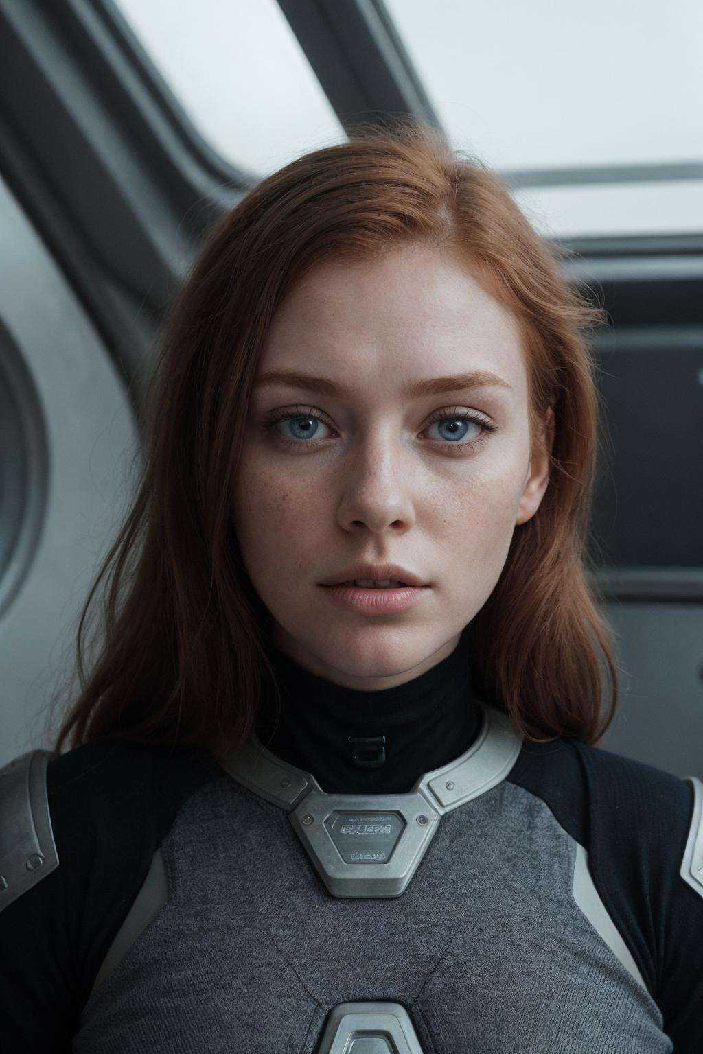 photo of a ginger woman,  in space,  futuristic space suit on Tensor.Art