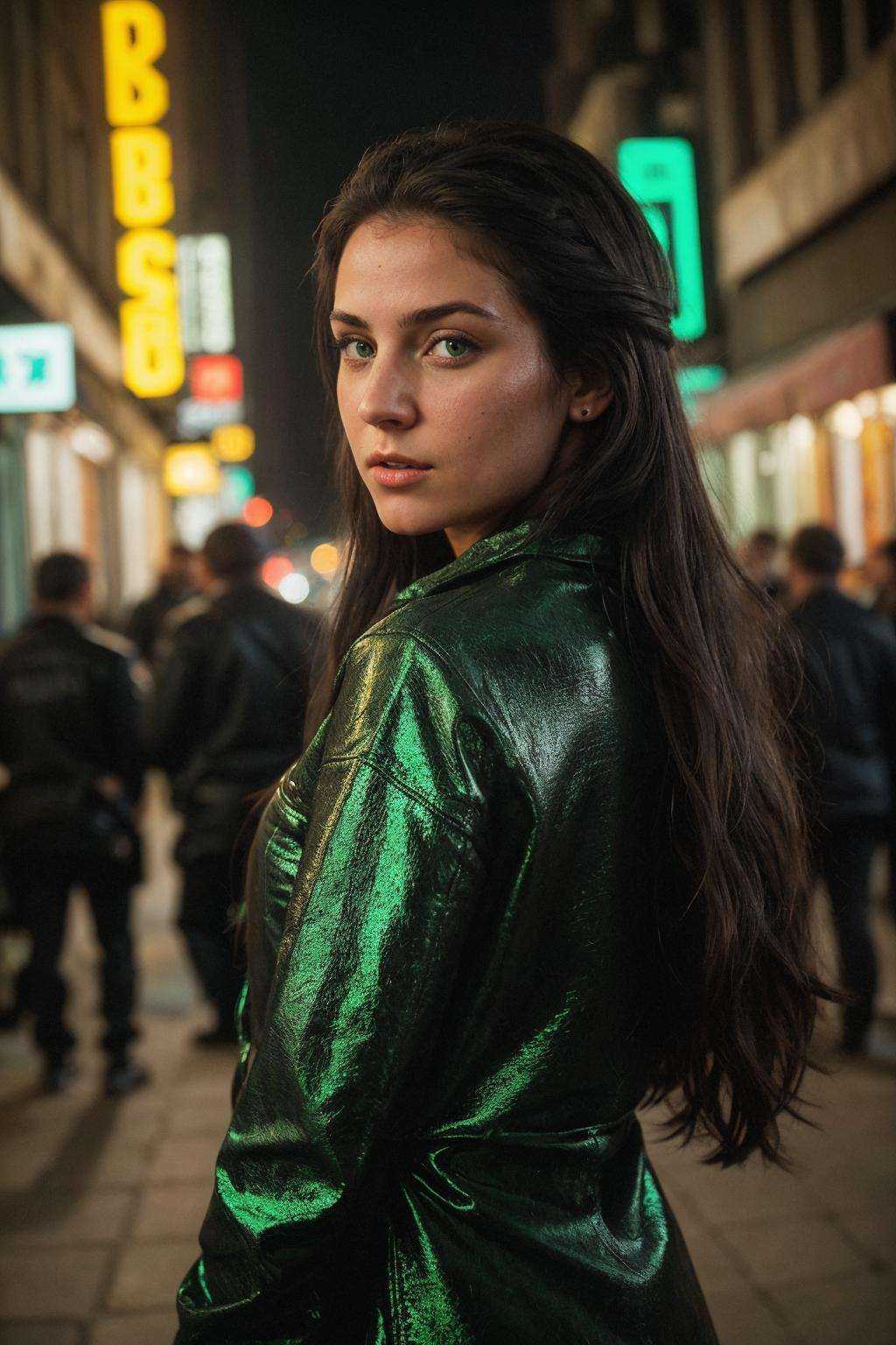 A tenacious female journalist uncovering a high-stakes conspiracy in a bustling metropolis,  weaving through crowded stree...