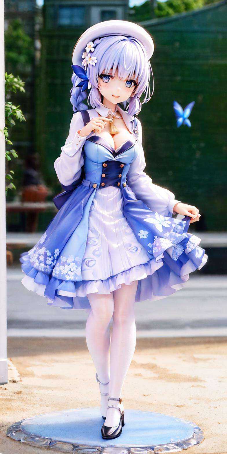 full body，(Realistic painting style:1.1), (faux traditional media:1.0), masterpiece, best quality, bokeh, depth of field, looking to the side, kamisato ayaka (springbloom missive), kamisato ayaka, official alternate hairstyle, official alternate costume, blunt bangs, butterfly hair ornament, hair flower, blue dress, 1girl, butterfly, grey eyes, flower, hair ornament, light blue hair, outdoors, solo, hat, sky, blue nails, cloud, bangs, long sleeves, holding, looking at viewer, blue butterfly, blurry, braid, dress, day, blurry foreground, blue sky, breasts, medium breasts, cloudy sky, blush, index finger raised, blue flower, smile, closed mouth, finger to mouth <lora:kamisatoAyakaSpringbloom_v10:0.9>