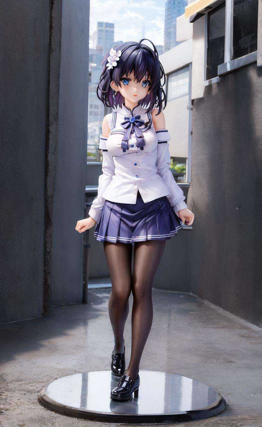 full body，pvcSeele,seele，detailed，masterpiece, best quality，Seele,seele，detailed，masterpiece, best quality，1girl, solo,  bangs,hair ornament, hair flower,,  blue eyes, short hair,, bare shoulders, blue hair, hair between eyes, white flower,   blue flower，black hair，1girl, ,school uniform, outdoors, pantyhose, full body,