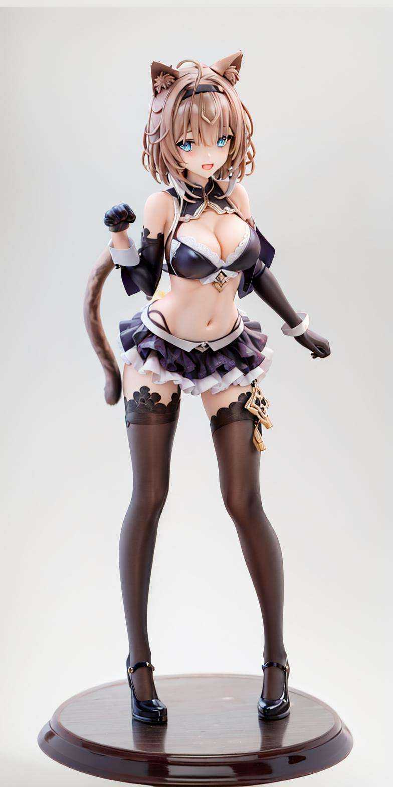 full body，(heterochromia:1.1), masterpiece, best quality, soft lighting, absurdres, looking at viewer, solo, official costume, pardofelis (honkai impact), cat girl, bright pupils, blue eyes, green eyes, light brown hair, mole under eye, black bikini, black skirt, frilled skirt, bikini top only, 1girl, cat tail, breasts, cat, cat ears, navel, skirt, cleavage, open mouth, tail, smile, animal ears, looking at viewer, solo, hood, brown hair, bangs, bikini, swimsuit, black gloves, paw pose, :d, gloves, midriff, medium hair, (ulzzang-6500:0.9) <lora:pardofelisHonkaiImpact_v10:0.8>