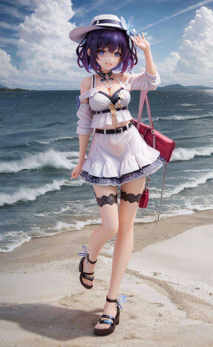 full body，(masterpiece), best quality, ultra-detailed, 8k wallpaper, highres, 1girl, blue eyes, blue hair, multi-colored hair, short hair, white hat, white dress, black belt, off-shoulder, butterfly, holiday, thighbelt, sandals (winking:1.3), :D, happy, standing, waving hand, hand up, from front, medium shot, vanishing point, beach, sunny days, cloud, bird on the sky, wave, palm tree,