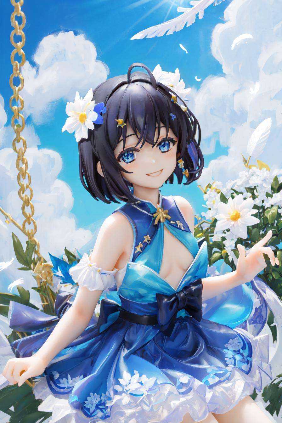 Seele,seele，detailed，masterpiece, best quality，1girl, solo, smile, bangs,hair ornament, hair flower,,  blue eyes, short hair,, bare shoulders, blue hair, hair between eyes, white flower,   blue flower，black hair，1girl {on a swing} ，{smile} and half-closed eyes,morning with bright colorful sunlights and clouded sun in the detailed blue sky,glowing white {feathers},small_breasts, floating_hair,halter dress,leaves,nature，{bloom},bishoujo,