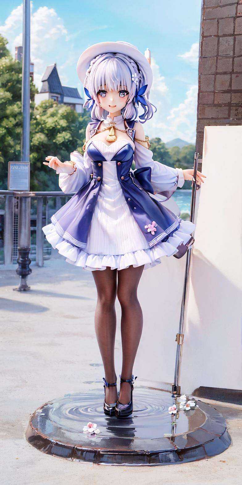 full body，(Realistic painting style:1.1), (faux traditional media:1.0), masterpiece, best quality, bokeh, depth of field, looking to the side, kamisato ayaka (springbloom missive), kamisato ayaka, official alternate hairstyle, official alternate costume, blunt bangs, butterfly hair ornament, hair flower, blue dress, 1girl, butterfly, grey eyes, flower, hair ornament, light blue hair, outdoors, solo, hat, sky, blue nails, cloud, bangs, long sleeves, holding, looking at viewer, blue butterfly, blurry, braid, dress, day, blurry foreground, blue sky, breasts, medium breasts, cloudy sky, blush, index finger raised, blue flower, smile, closed mouth, finger to mouth <lora:kamisatoAyakaSpringbloom_v10:0.9>