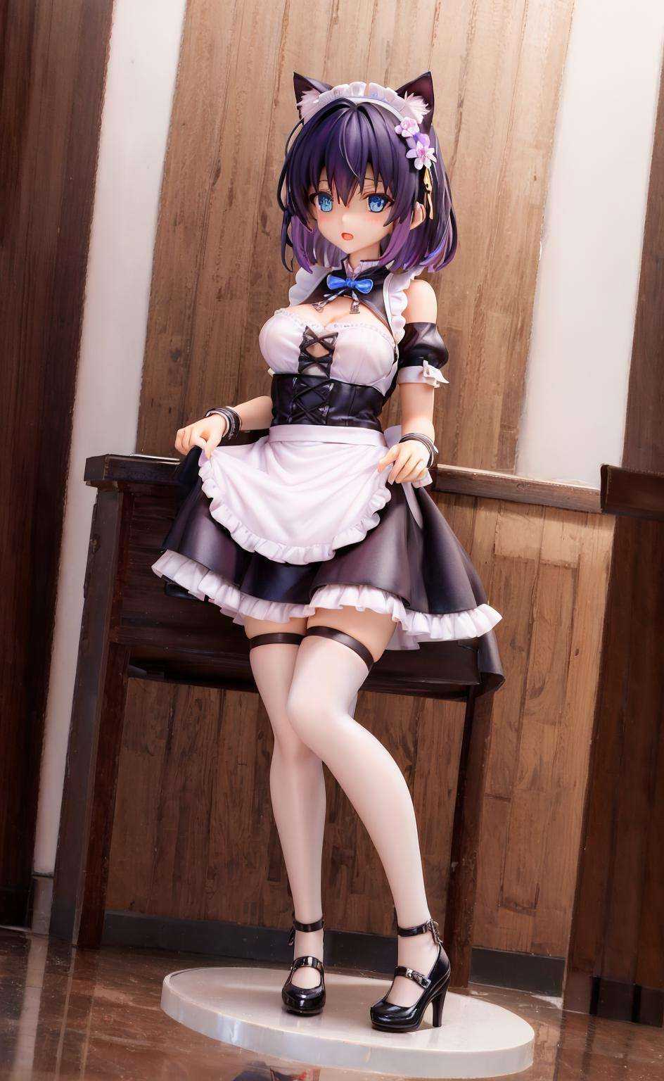 full body，Seele,seele，detailed，masterpiece, best quality，Seele,seele，detailed，masterpiece, best quality，1girl, solo,  bangs,hair ornament, hair flower,,  blue eyes, short hair,, bare shoulders, blue hair, hair between eyes, white flower,   blue flower，black hair，1girl,cat ears, maid,maid headdress,