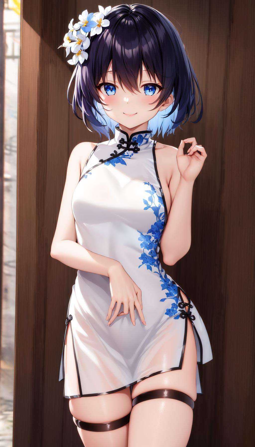 1girl, dress, flower, solo, smile, bangs, sleeveless,  hair ornament, hair flower, white dress,  blue eyes, （short hair）,, bare shoulders, blue hair, hair between eyes, white flower, chinese clothes, sleeveless dress, thigh strap, blue flower, china dress, backless dress, masterpiece, best quality，black hair，cute