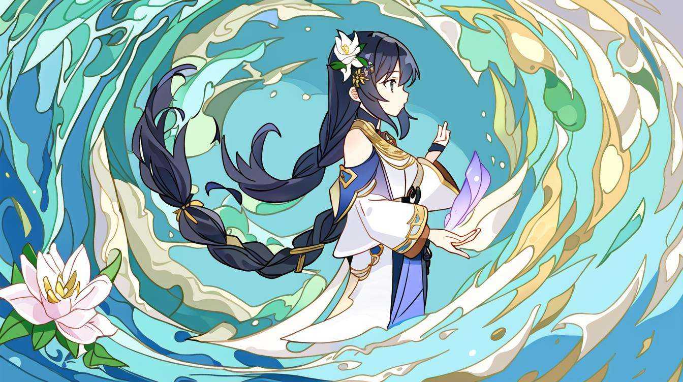 flower, white_flower, lily_\(flower\), lotus, 1girl, braid, long_hair, lily_pad, solo, black_hair