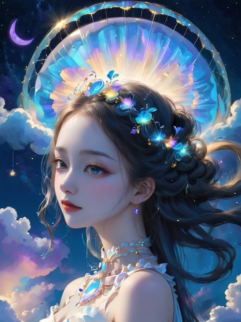 (Dreamweaver diva, phantasmal, surreal, night-sky hair, dreamscape, orchestrating, symphony of slumber, dress of dusk, floating among dreams, deep night, lullaby of the subconscious, dream orchestration scene,Neck,Unity, (from above):1.3),jianjue