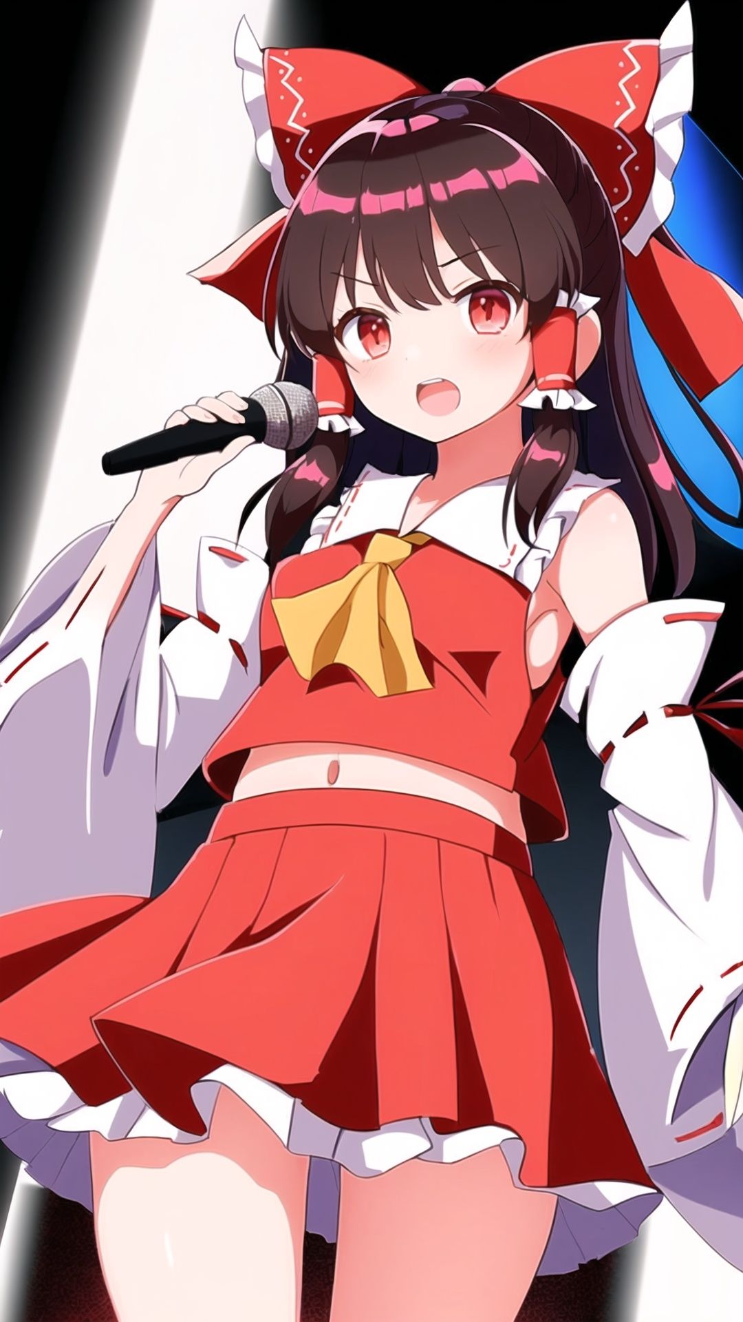 1girl,((Hakurei Reimu)),Standing in front of the stage with a microphone, ([(Lights,Highlights,Color):15]), singing with a microphone, dynamic angles