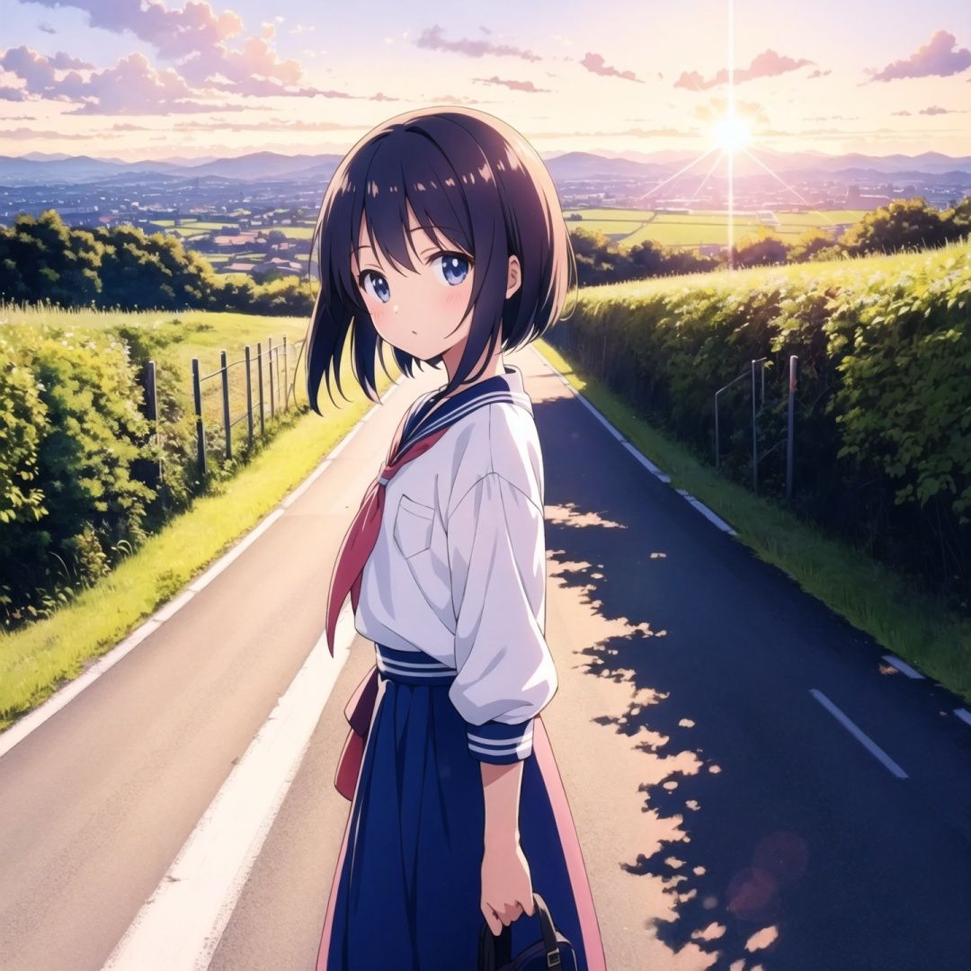 Highest quality, masterpiece, anime illustration, game risograph, 1 girl, looking into the camera, walking down a country road in civilian clothes. Sunset, evening sun, starlight, CG, dynamic angle.
