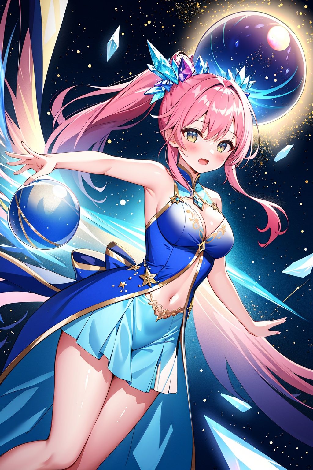 (Masterpiece, best picture quality), quadratic style, girls, ethereal clothing, (dynamic elements | elements surround), element crystal ball, dynamic posture, wonderful performance, magnificent momentum
