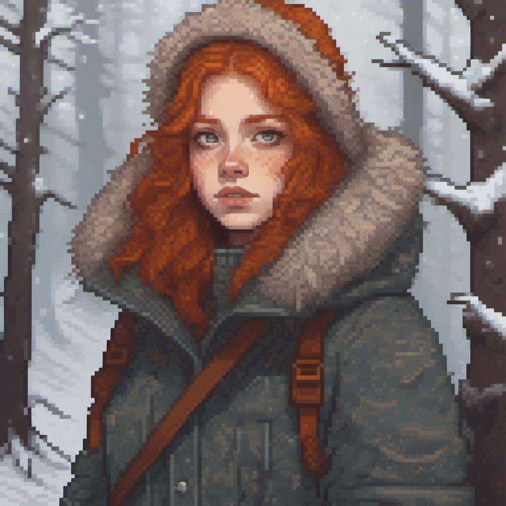 close up of a european girl, ginger hair, winter forest, insane details, intricate details, hyperdetailed, hdr, faded, pixel art <lora:pixelbuildings128-v1:1>