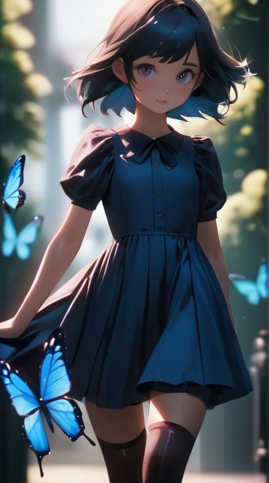 cinematic film still 1girl, (((full body))), anime artwork, anime style, Pleated skater dress Walking, pretending to follow a butterfly, 1girl, (((stocking))), (dark indigo) . shallow depth of field, vignette, highly detailed, high budget, bokeh, cinemascope, moody, epic, gorgeous, film grain, grainy