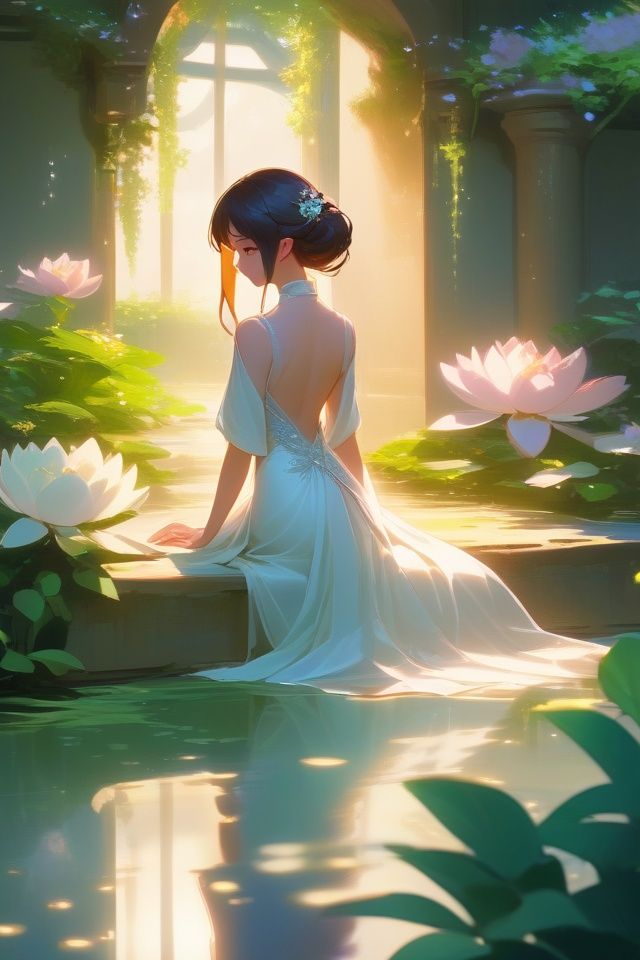 anime artwork ((Hard Lighting)), Chinese Girl, Backless wedding dress, Leaning forward with hands on thighs, Computer Animation, In a hidden sanctuary, a garden of tranquility unfurls, its graceful blossoms and serene ponds invoking a sense of calm, reflected light, direct, Aliens, 1girl, light ivory . anime style, key visual, vibrant, studio anime,  highly detailed