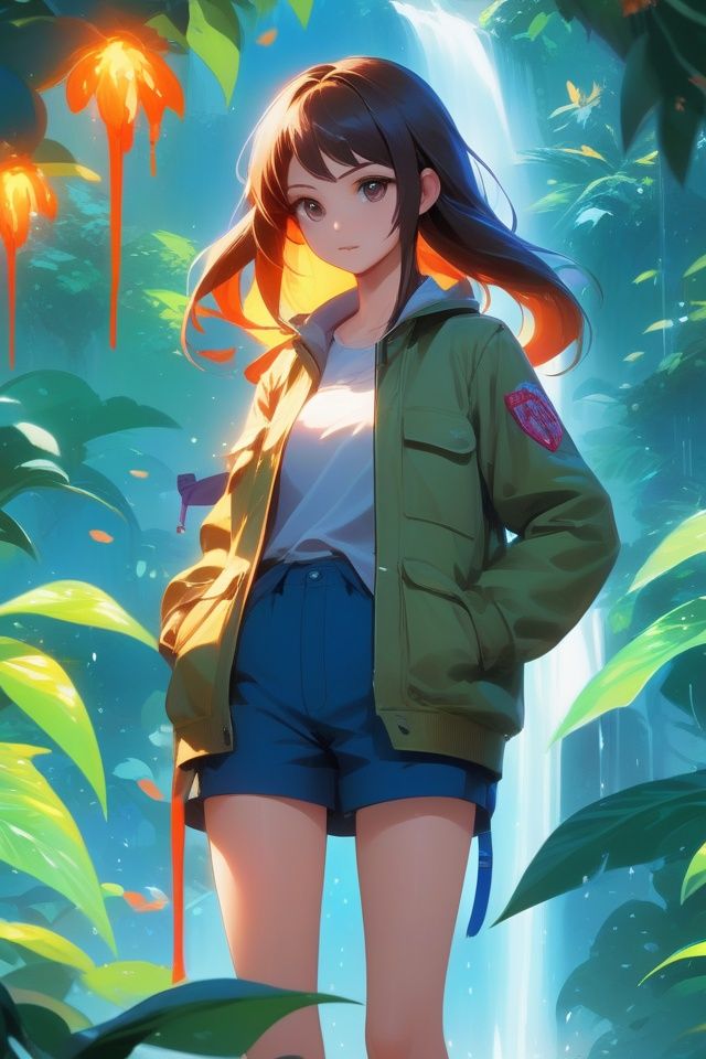anime artwork ((Daylight)), ((bright)), ((stocking)), Chinese Girl, Utility jacket, Standing with one hand on the hip, A waterfall in a lush jungle with monkeys swinging from vines, Fill the Frame, Rain, Fragmentation, high key, The explosion blossoms like a fiery flower, consuming everything with its intense heat and force, 1girl, light white . anime style, key visual, vibrant, studio anime,  highly detailed