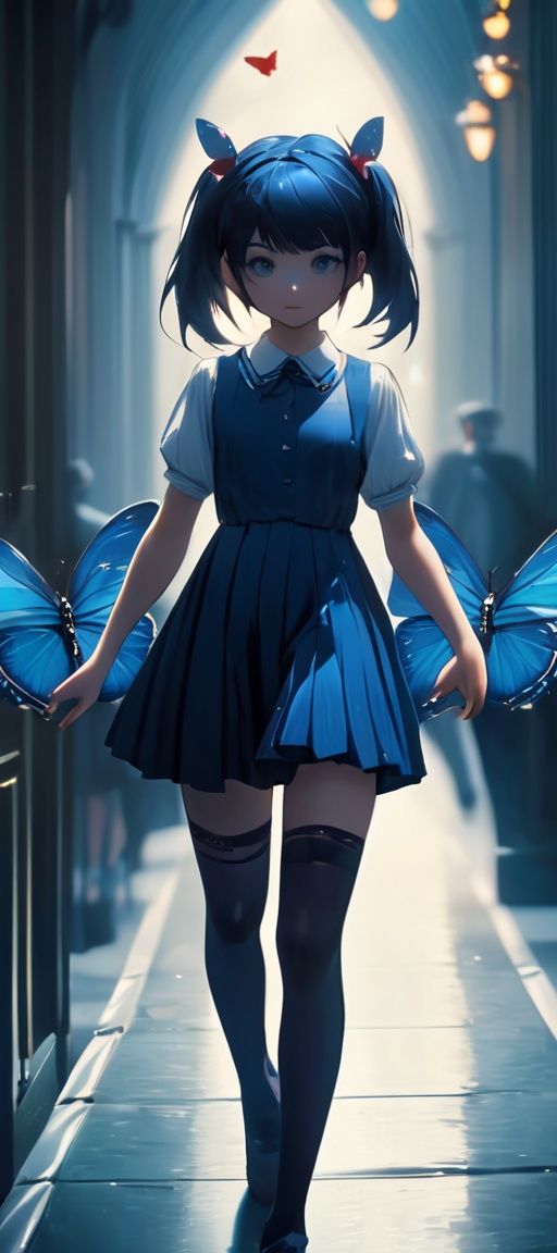 cinematic film still 1girl, (((full body))), anime artwork, anime style, Pleated skater dress Walking, pretending to follow a butterfly, 1girl, (((stocking))), (dark indigo) . shallow depth of field, vignette, highly detailed, high budget, bokeh, cinemascope, moody, epic, gorgeous, film grain, grainy