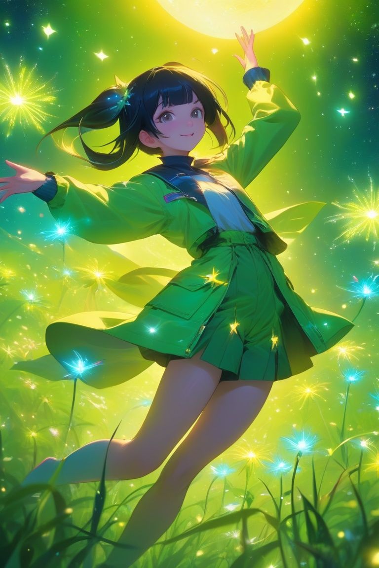 anime artwork ((stocking)), Chinese Girl, Utility jacket, Balancing with arms outstretched, fabled, Celestial meadow with starlit grass and cosmic blooms, Hue, Expanding, fluorescent, kicker light, 1girl, light yellow . anime style, key visual, vibrant, studio anime,  highly detailed