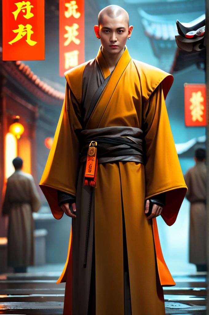 cyberpunk monk in china, delightful anatomy:1. 1 , gloomy illumination, insane, stunning, dramatic, completed artwork, HQ:1. 1, Vivid colors, 16k, UHD, HDR10, (Masterpiece:1. 5) (best quality:1. 5), very detailed eyes, full body