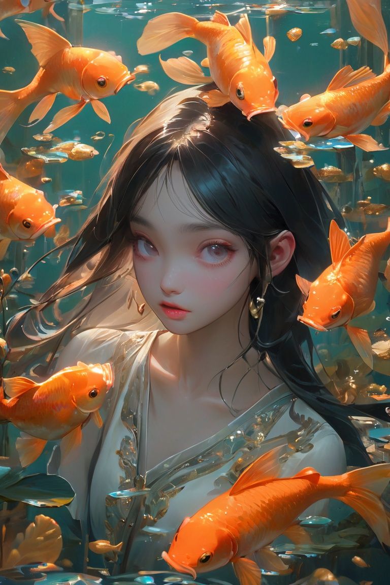 High detailed, High precision, Hyper quality, UHD,16k, Rich details, rich elements, guofeng, illustration,1girl, beautiful,Surrounded by goldfish, surrounded by goldfish, lotus, lotus leaf, pearlygates,bj_Devil_angel