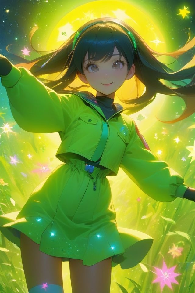 anime artwork ((stocking)), Chinese Girl, Utility jacket, Balancing with arms outstretched, fabled, Celestial meadow with starlit grass and cosmic blooms, Hue, Expanding, fluorescent, kicker light, 1girl, light yellow . anime style, key visual, vibrant, studio anime,  highly detailed