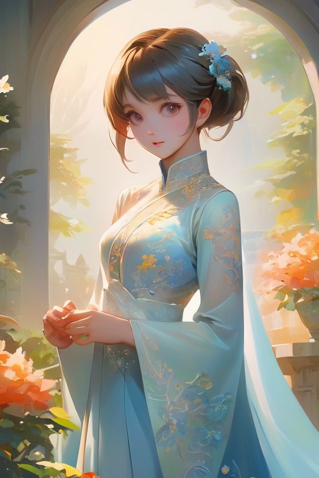 anime artwork Chinese Ancient Costume Girl, Lace wedding dress, Standing with hands on hips, cute, confident expression, Watercolor Painting, Amidst a realm of whimsical enchantment, a secret garden reveals, its intricate blossoms captivating the imagination, sunrise/sunset, graphic light, Fog, Cubist, 1girl, light slate blue . anime style, key visual, vibrant, studio anime,  highly detailed