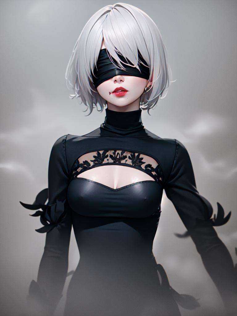 photo of yorha no. 2 type B,  white hair,  blindfold on Tensor.Art