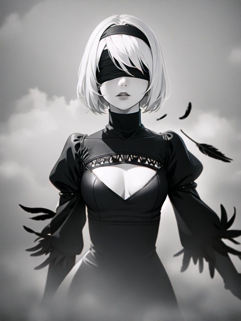 photo of yorha no. 2 type B,  white hair,  blindfold on Tensor.Art