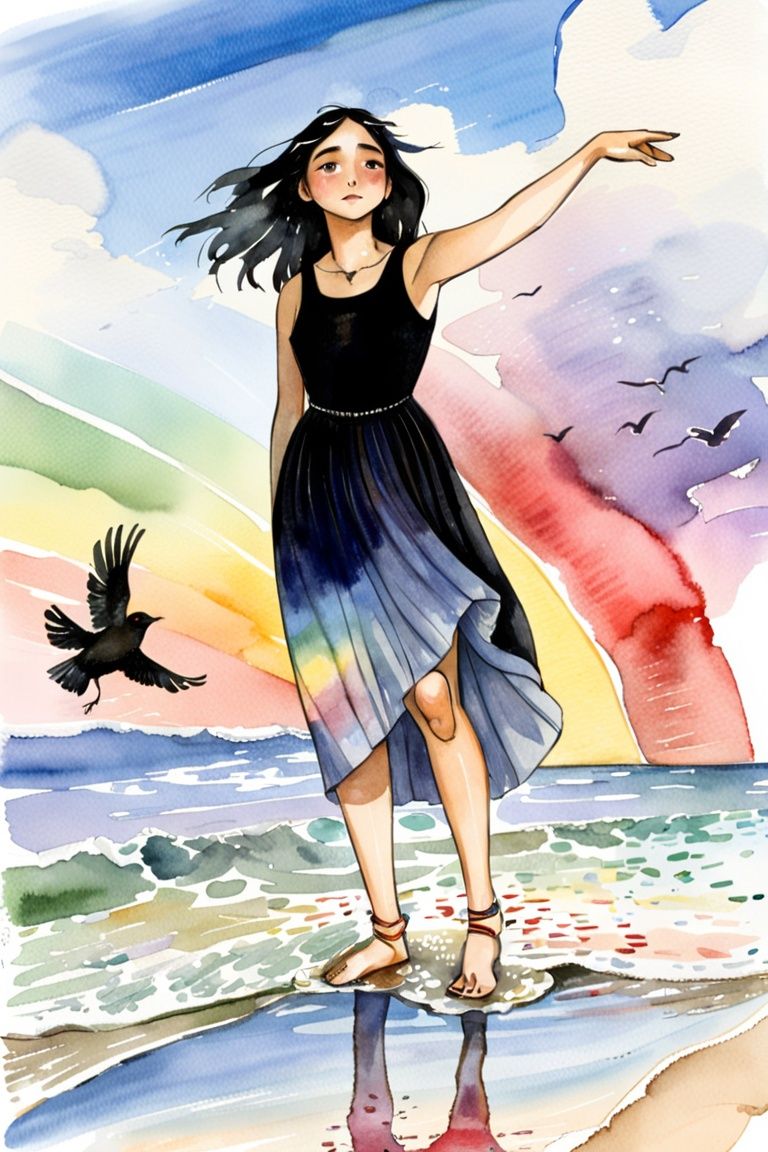 masterpiece, best quality, absurdres, illustration, watercolor, 1girl, solo, long hair, black hair, dress, skirt hold, wading, sleeveless, barefoot, bare shoulders, standing, from behind, outdoors, cloud, sky, bird, water, rainbow