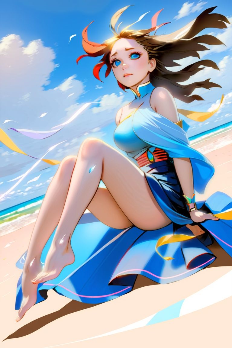 (masterpiece:1.1), hi-res, 4k, extremely delicate and beautiful art, pastel color, anime, beautiful detailed eyes, 1 anime girl, a girl sitting on the ground, lean back with arms behind back, knees up, a futuristic flying object, wind, blue sky with clouds, bare midriff, long hair, the water's edge, dutch angle