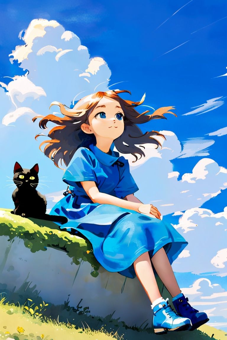 little girl sitting on the hill looking at sky, with her hair blowing in clear day, with cat, (blue sky:1.25), sideway glance, young girl, cloud, endless sea, noon, summer, floating hair, cumulus clouds, forest, tree, face focus, cute