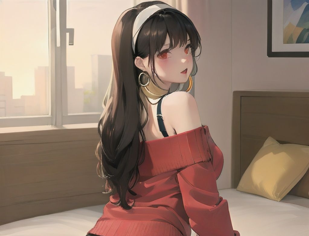 yor, 1girl, ass, bedroom, black bra, black hair, black panties, black pantyhose, bra, clothes pull, earrings, from behind, gold earrings, hairband, jewelry, lips, long hair, looking at viewer, looking back, no pants, off-shoulder sweater, off shoulder, on floor, pantyhose, red eyes, red sweater, sitting, solo, sweater, underwear, white hairband , ((masterpiece))  <lora:yor:1>