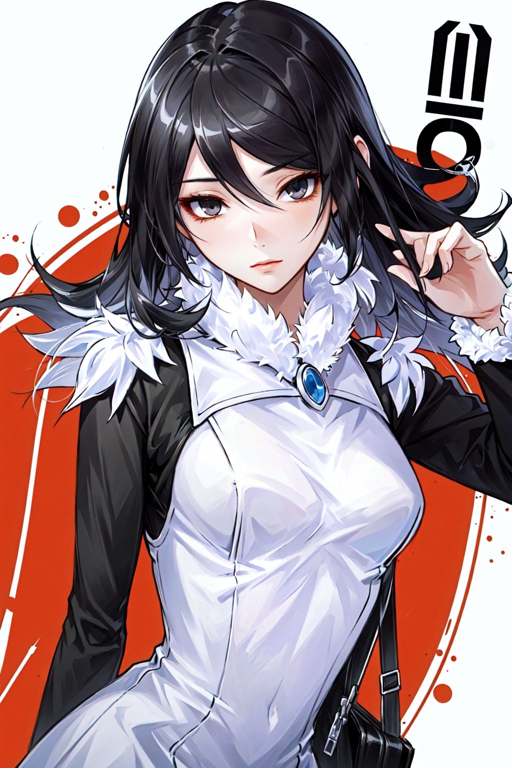 best quality, ultra detailed, masterpiece, illustration, (Magazine cover-style illustration of a fashionable woman in a vibrant outfit), posing in front of a colorful and dynamic background. She has a confident expression and is holding a statement accessory, The text on the cover should be bold and attention-grabbing, with the title of the magazine and a catchy headline. The overall style should be modern and trendy, with a focus on fashion and lifestyle, ray tracing, depth of field, 
Yuuko, 1girl, solo, hair between eyes, breasts, dress, looking at viewer, fur trim, dutch angle, expressionless, closed mouth, arm around back, upper body, 