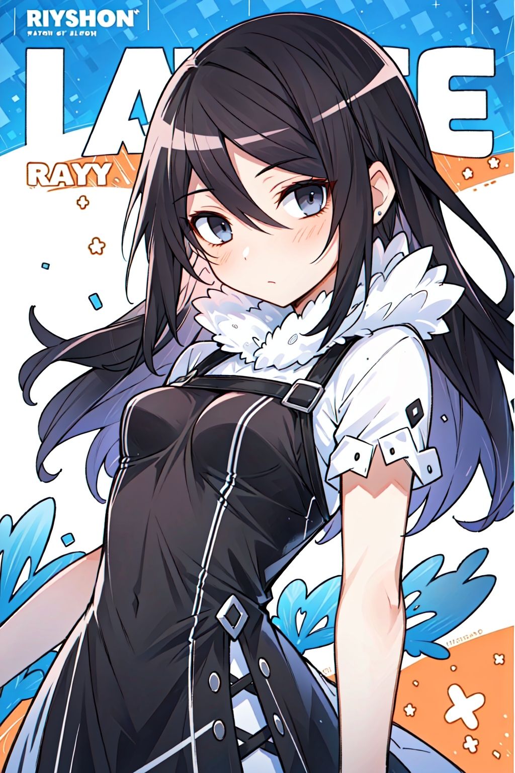 best quality, ultra detailed, masterpiece, illustration, (Magazine cover-style illustration of a fashionable woman in a vibrant outfit), posing in front of a colorful and dynamic background. She has a confident expression and is holding a statement accessory, The text on the cover should be bold and attention-grabbing, with the title of the magazine and a catchy headline. The overall style should be modern and trendy, with a focus on fashion and lifestyle, ray tracing, depth of field, 
Yuuko, 1girl, solo, hair between eyes, breasts, dress, looking at viewer, fur trim, dutch angle, expressionless, closed mouth, arm around back, upper body,  small breasts,early ****,