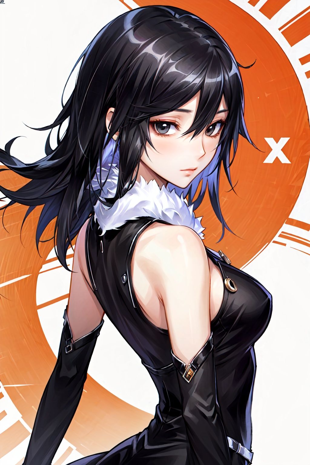 best quality, ultra detailed, masterpiece, illustration, (Magazine cover-style illustration of a fashionable woman in a vibrant outfit), posing in front of a colorful and dynamic background. She has a confident expression and is holding a statement accessory, The text on the cover should be bold and attention-grabbing, with the title of the magazine and a catchy headline. The overall style should be modern and trendy, with a focus on fashion and lifestyle, ray tracing, depth of field, 
Yuuko, 1girl, solo, hair between eyes, breasts, dress, looking at viewer, fur trim, dutch angle, expressionless, closed mouth, arm around back, upper body, 