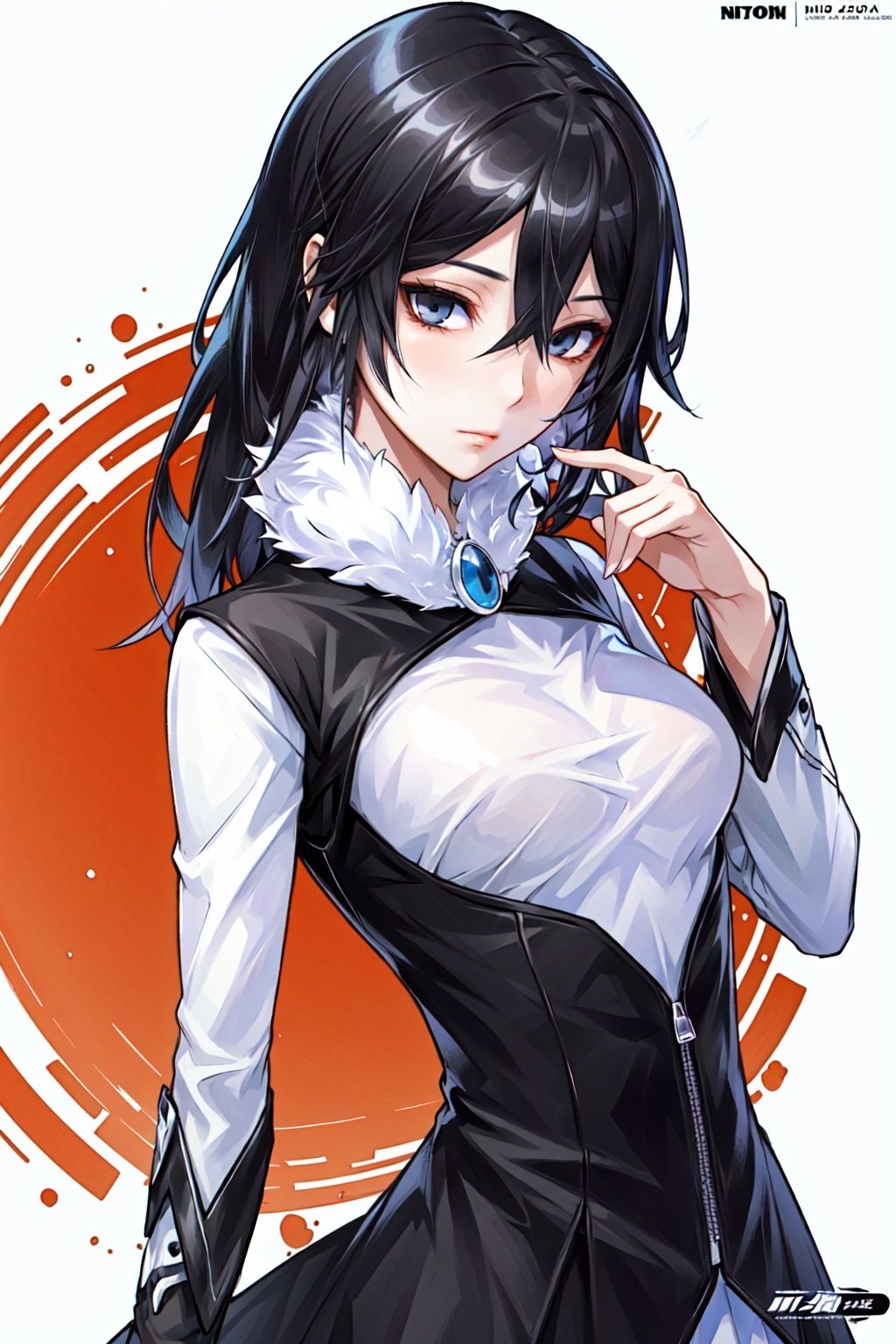 best quality, ultra detailed, masterpiece, illustration, (Magazine cover-style illustration of a fashionable woman in a vibrant outfit), posing in front of a colorful and dynamic background. She has a confident expression and is holding a statement accessory, The text on the cover should be bold and attention-grabbing, with the title of the magazine and a catchy headline. The overall style should be modern and trendy, with a focus on fashion and lifestyle, ray tracing, depth of field, 
Yuuko, 1girl, solo, hair between eyes, breasts, dress, looking at viewer, fur trim, dutch angle, expressionless, closed mouth, arm around back, upper body, 