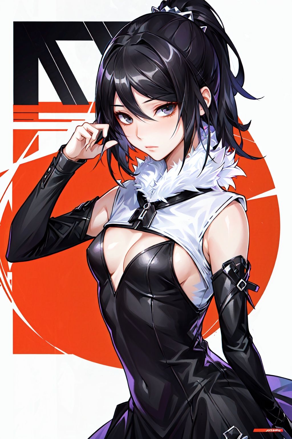 best quality, ultra detailed, masterpiece, illustration, (Magazine cover-style illustration of a fashionable woman in a vibrant outfit), posing in front of a colorful and dynamic background. She has a confident expression and is holding a statement accessory, The text on the cover should be bold and attention-grabbing, with the title of the magazine and a catchy headline. The overall style should be modern and trendy, with a focus on fashion and lifestyle, ray tracing, depth of field, 
Yuuko, 1girl, solo, hair between eyes, breasts, dress, looking at viewer, fur trim, dutch angle, expressionless, closed mouth, arm around back, upper body,  small breasts,early ****,