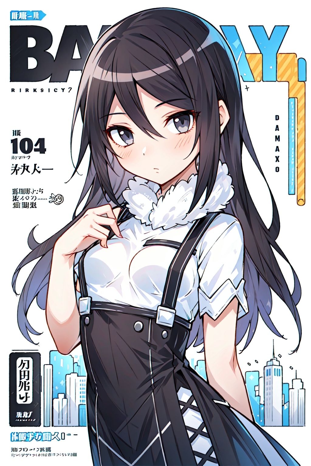 best quality, ultra detailed, masterpiece, illustration, (Magazine cover-style illustration of a fashionable woman in a vibrant outfit), The text on the cover should be bold and attention-grabbing, with the title of the magazine and a catchy headline. The overall style should be modern and trendy, with a focus on fashion and lifestyle, ray tracing, depth of field, 
Yuuko, 1girl, solo, hair between eyes, breasts, dress, looking at viewer, fur trim, dutch angle, expressionless, closed mouth, arm around back, upper body, small breasts, early ****, 