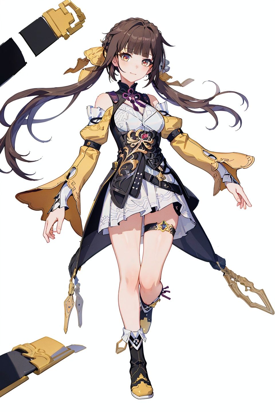 (8k, best quality, masterpiece), (ultra-detailed:1.1), (high detailed skin),
(full body:1.2), white background, standing, (solo focus, solo:1.2), female focus,
(sushangxt:1.2), (twintails:1.1), yellow sleeves,bangs, black footwear, boots, yellow hair ribbon,
(white background, simple background,:1.2),
(beautiful_face), ((intricate_detail)), (revealing clothes:1.2), clear face,
((finely_detailed)), fine_fabric_emphasis,
((glossy)),